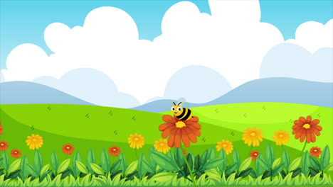 bee flying over flowers in field