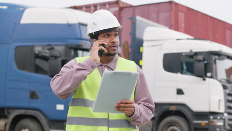 worker wearing vest and safety helmet organizing a truck fleet in a logistics park while consulting a document and talking on the phone