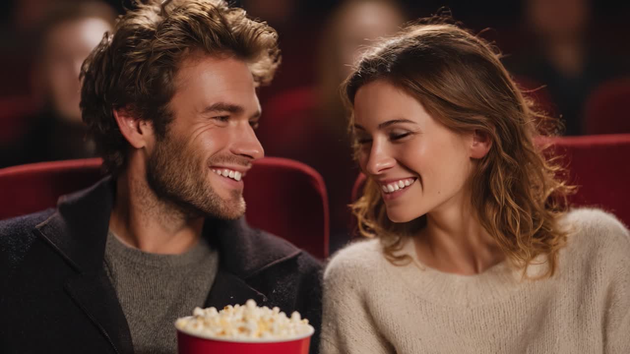 Une rencontre joyeuse : deux amis partagent un moment de gaieté en dégustant du pop-corn ensemble tout en regardant un film au cinéma.