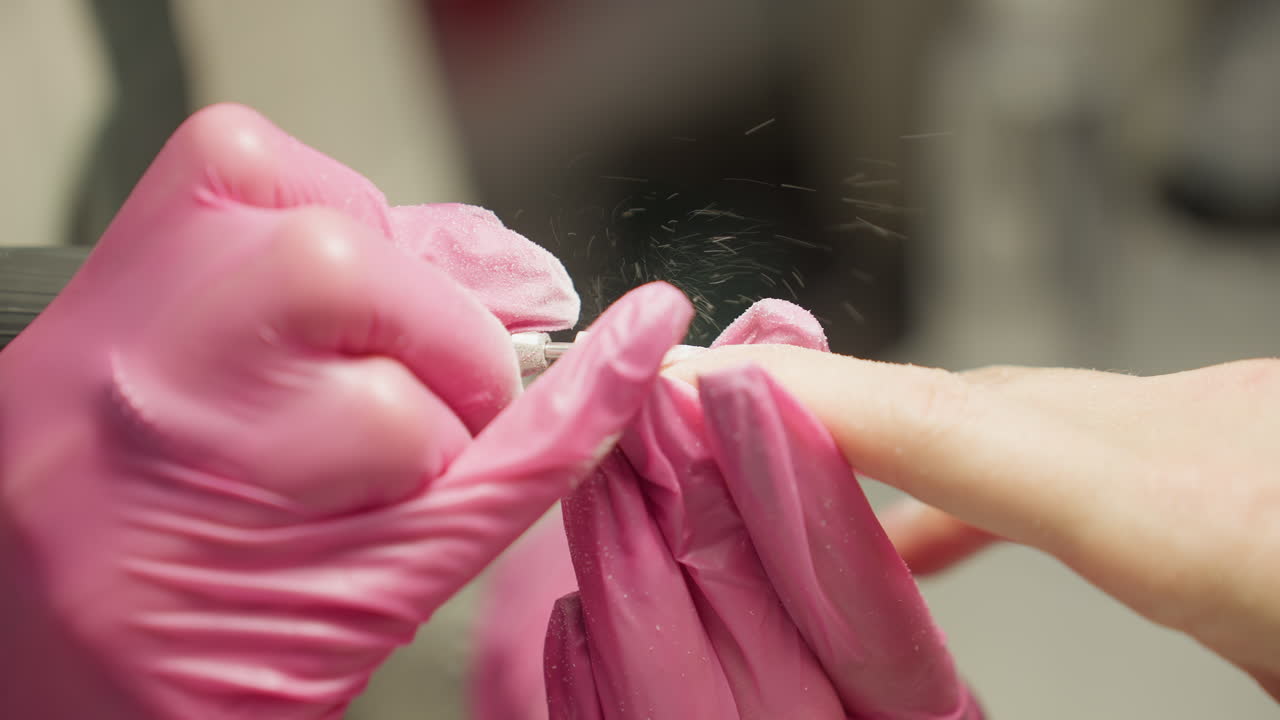 Extreme closeup of nail technician in pink gloves using electric file on client's nail with visible dust particles in air, emphasizing precision work and attention to detail during manicure session