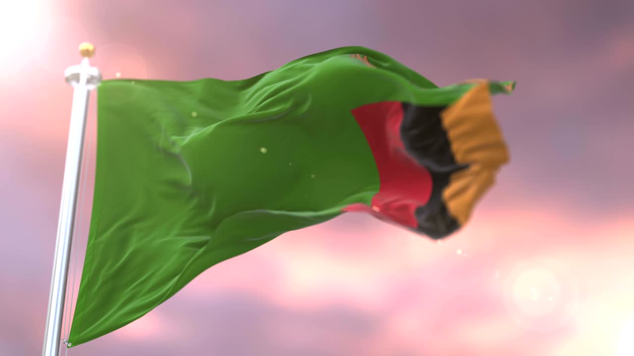 Zambias flag vajer langsomt i vinden ved solnedgang, loop.