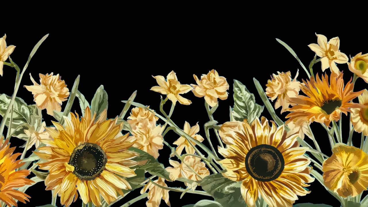 Floral Border of Sunflowers and Daffodils on Black Background