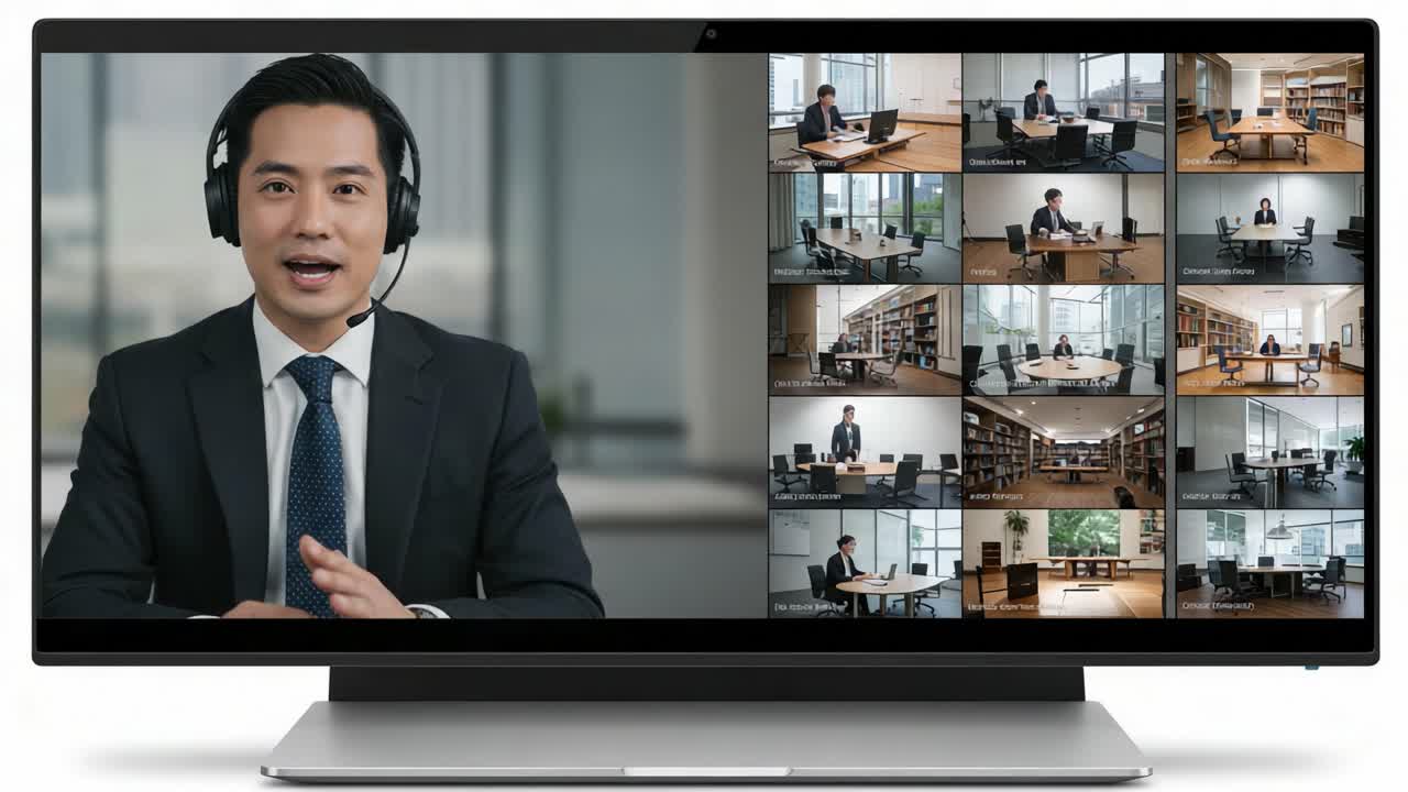 A Professional Presenter Engages in a Virtual Meeting from His Office, Displaying Multiple Participants on a Screen in a Modern Workspace Environment