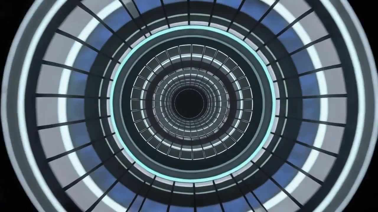 Luci che cambiano, anelli concentrici che si espandono e convergono all'interno di un condotto, bande LED che mostrano la profondità.