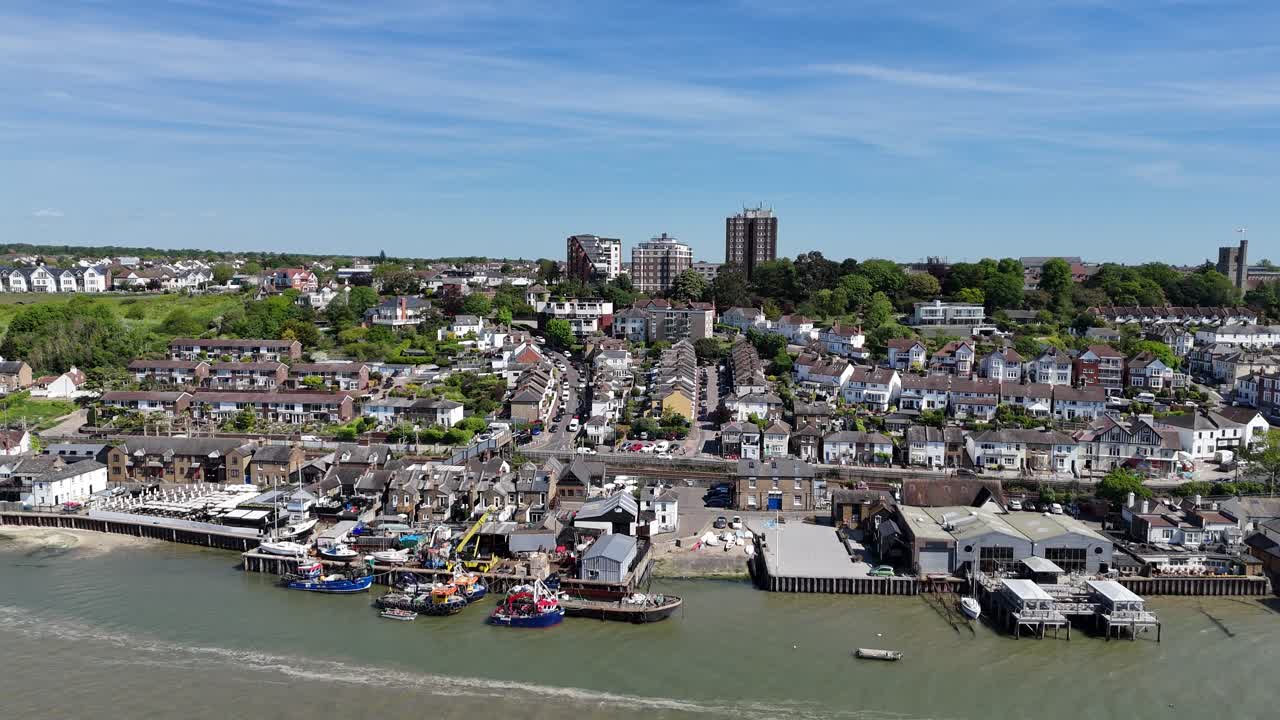 Panning drone aerial Leigh-on-Sea,Essex,UK Thames estuary town blue sky