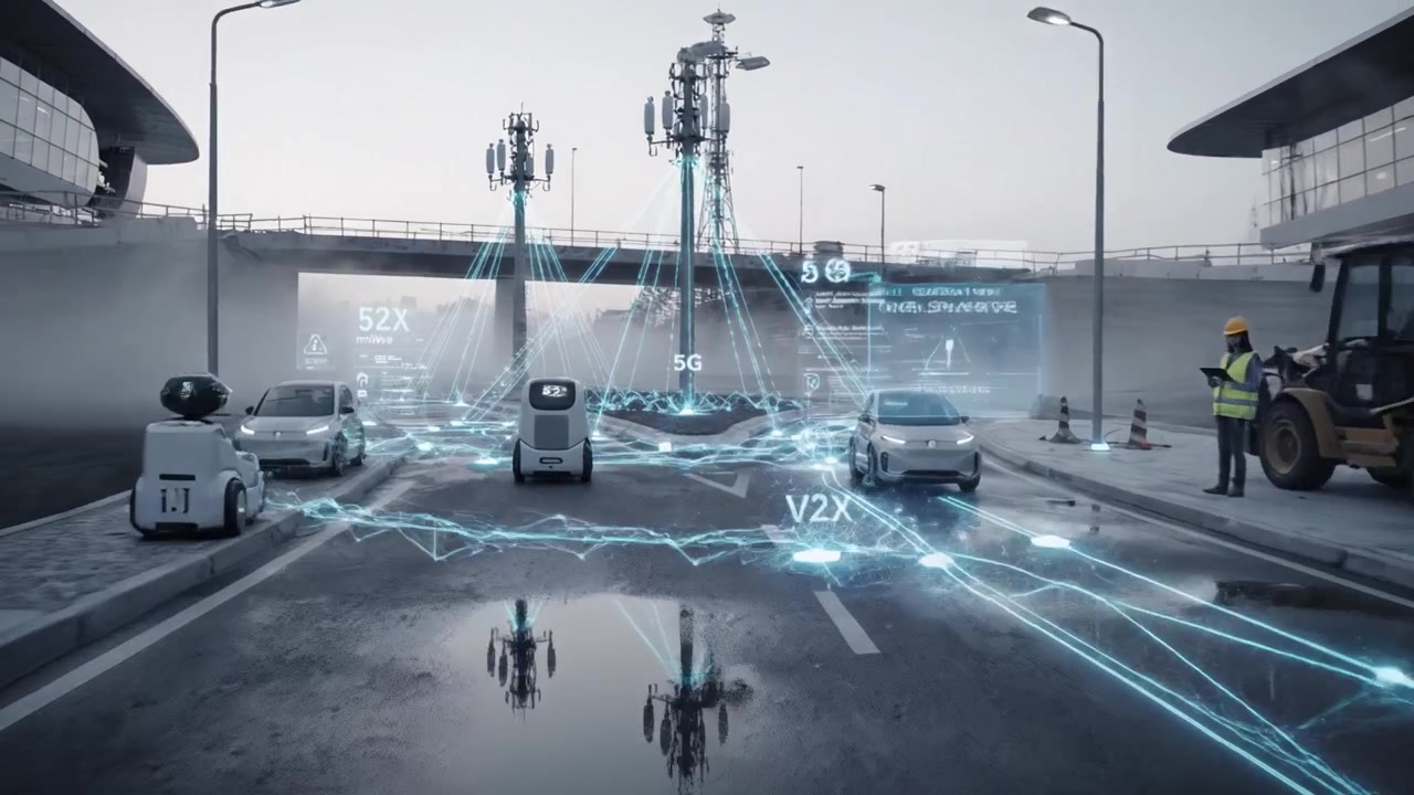 Mobilità Urbana Futuristica: Veicoli Autonomi e Comunicazione V2X in Infrastrutture di Smart City Abilitate al 5G per Connettività e Gestione del Traffico Migliorate.