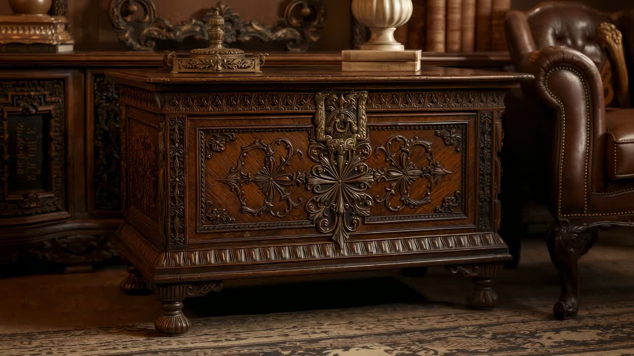 Camera dolly moving forward toward ornate wooden chest in study, highlighting carved details