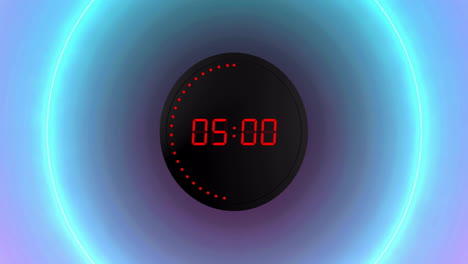 animación de reloj digital rojo cambiando con puntos y círculos en fondo púrpura
