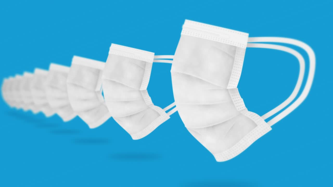 바이러스로부터 보호하기 위해 입과 코를 는 많은 의료 마스크. 건강 관리 개념. 3d 현실적인 의료 마스크, 루프 애니메이션.