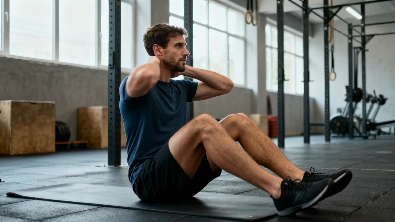 Con le mani dietro il collo, un uomo esegue crunch rotazionali su un tappetino da palestra, indossando una maglietta blu scuro, per lavorare gli obliqui.