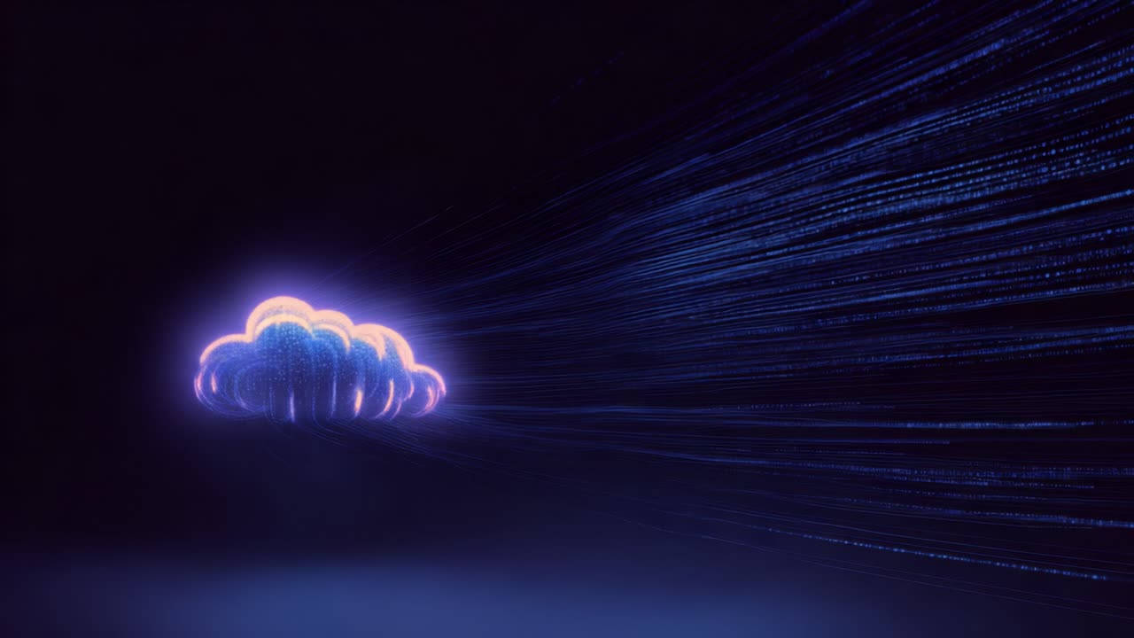 Neon cloud computing symbol flying through a stream of digital binary data. Representing futuristic concepts like big data. Information technology. Online storage. And high speed internet connection