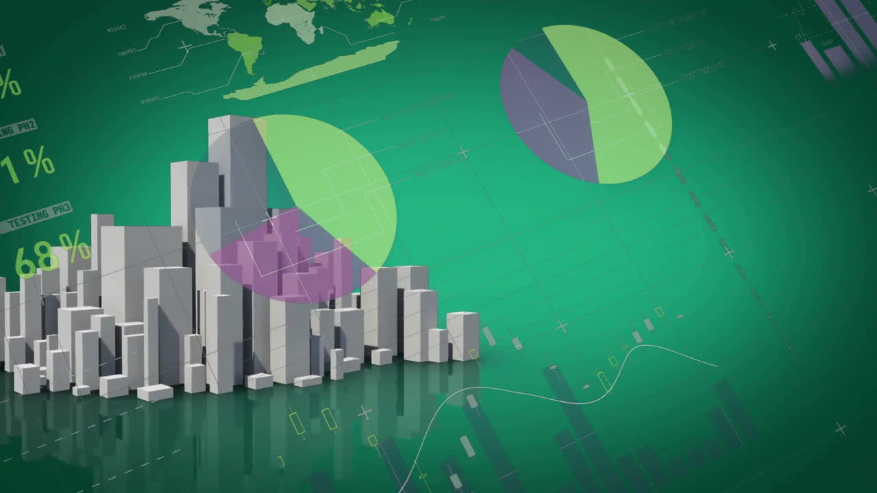 Animation af finansielle data og cirkeldiagrammer over et bybillede med grøn baggrund.