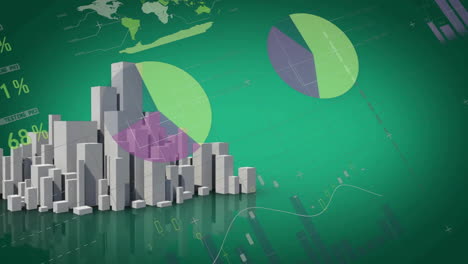 financial data and pie charts animation over cityscape with green background