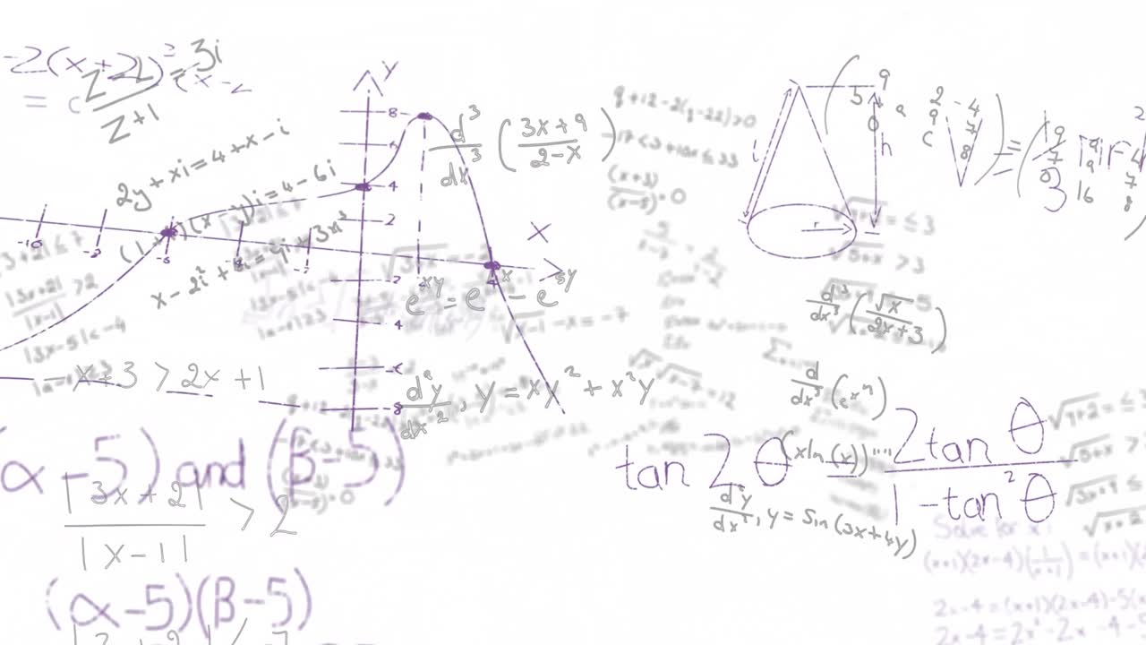 Animation of mathematical equations, diagrams and formulas floating against white background