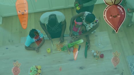 animación de verduras cayendo sobre una familia afroamericana cocinando juntos en la cocina