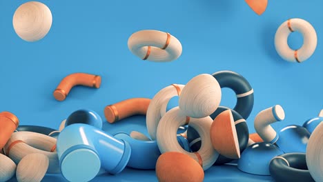 close up of falling children building set on blue background. animation. many 3d figures falling down randomly, concept of childhood.