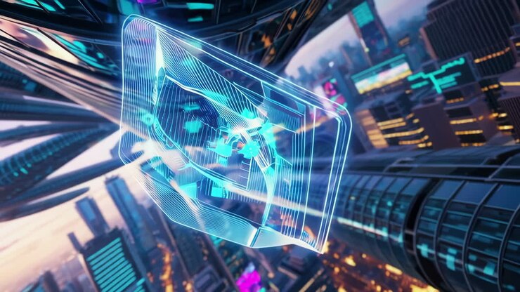 Futuristic City with Holographic Map