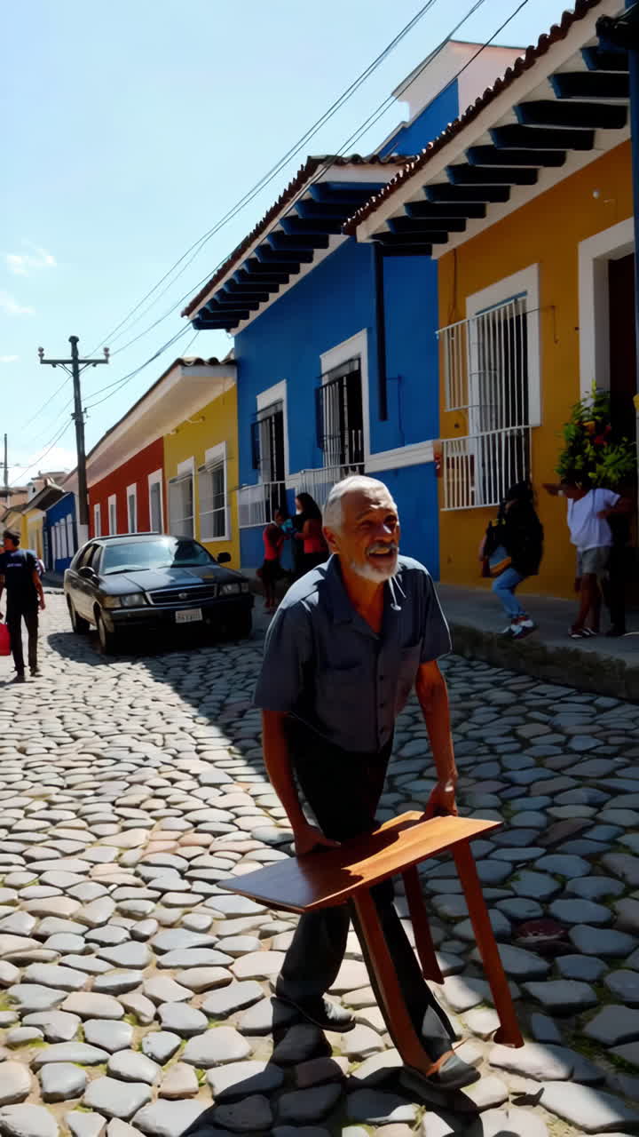 Un uomo anziano che trasporta un tavolo di legno lungo una vivace e colorata strada acciottolata.