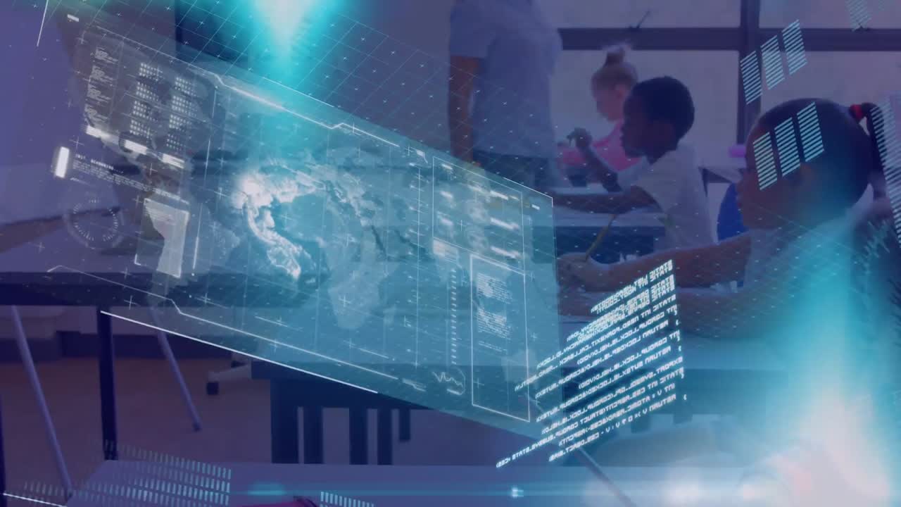 교실에서 다양한 학교 아이들과 함께 두 인종의 여성 교사에 대한 데이터 처리 애니메이션