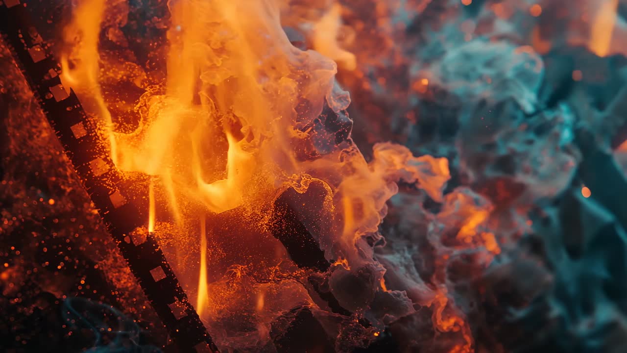 Flammende filmstrimmel og antændende kant i pejs med brændende gløder og askebunke