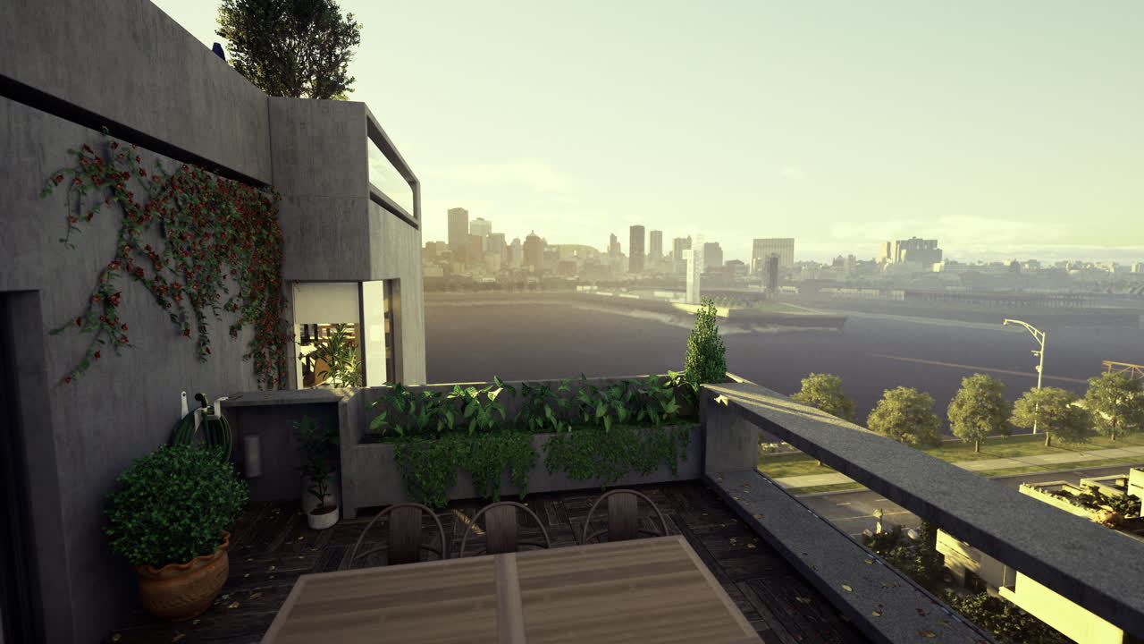 Stylish balcony view of urban skyline with lush greenery at sunset