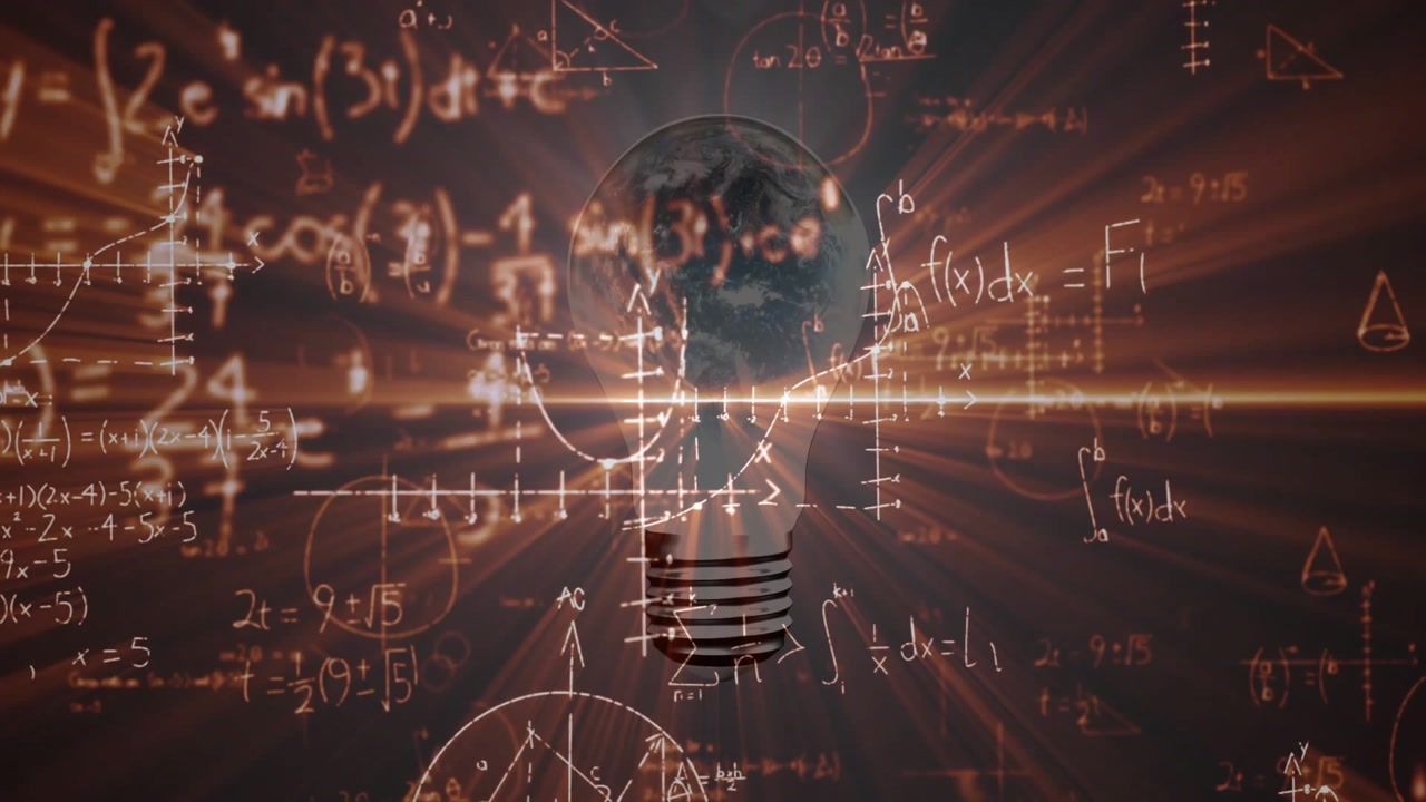 Upon opening dark space, bulb glowing, formulas drifting, globe rotating, visualizing knowledge