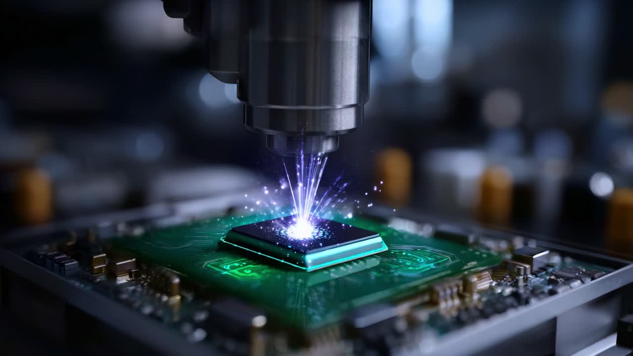 An Advanced Microchip Undergoing Precision Manufacturing with Laser Technology Enhancing the Innovative Circuit Board Design for Future Technology Applications