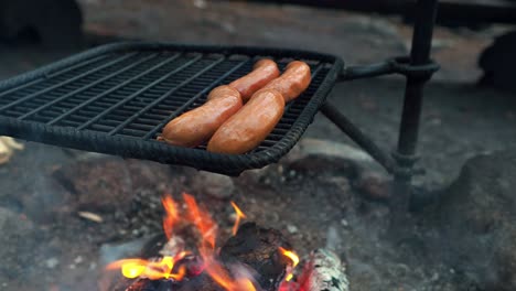 sausages getting grilled over a soldering open fire flame grill outdoors, with copy space and smoke elevating through the grill