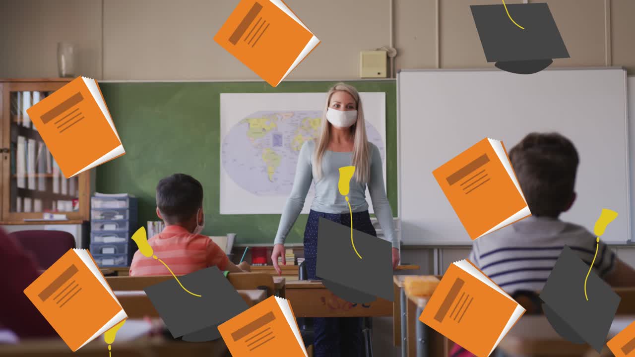 animación de elementos escolares iconos que se mueven sobre los escolares que llevan máscaras faciales