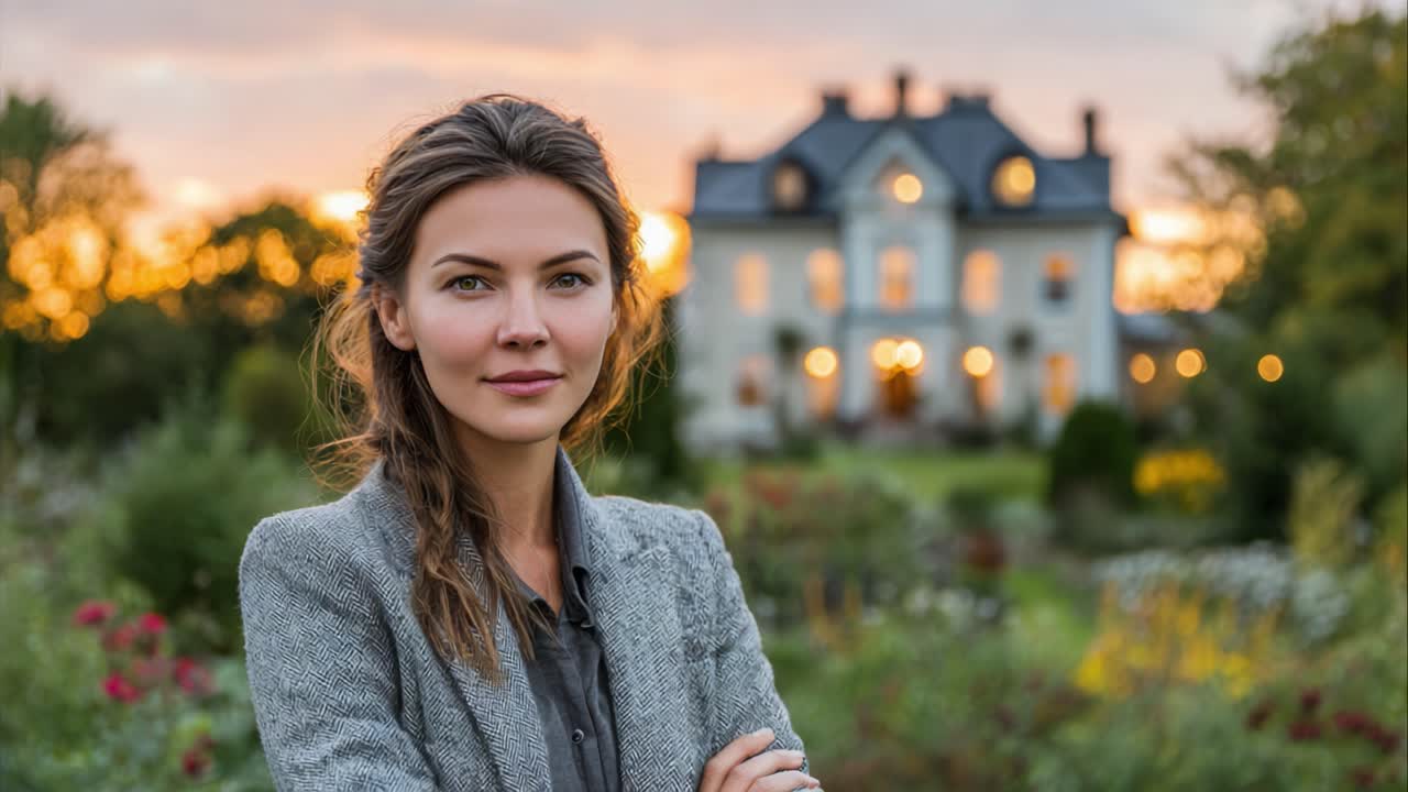En selvsikker kvinde i en grå blazer står foran et elegant, historisk hus omgivet af en frodig have og en fantastisk solnedgangshimmel