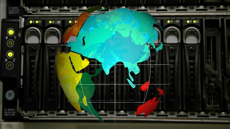 Colorful world map animation over server racks in data center