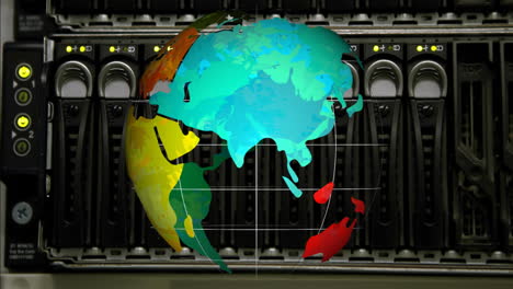 colorful world map animation over server racks in data center