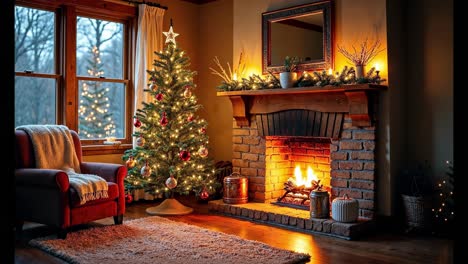 sala de estar de Navidad con chimenea