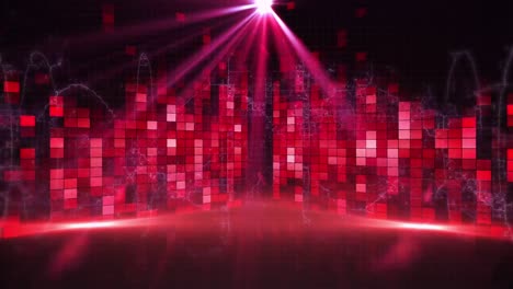 Animation-of-red-light-trails-and-spots-on-stage-over-black-background