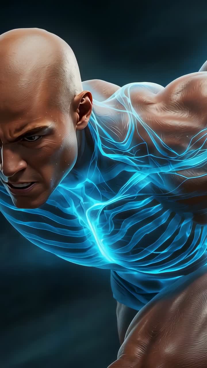 Video verticale: uomo a torso nudo che carica energia per il lancio con un busto blu in uno studio buio