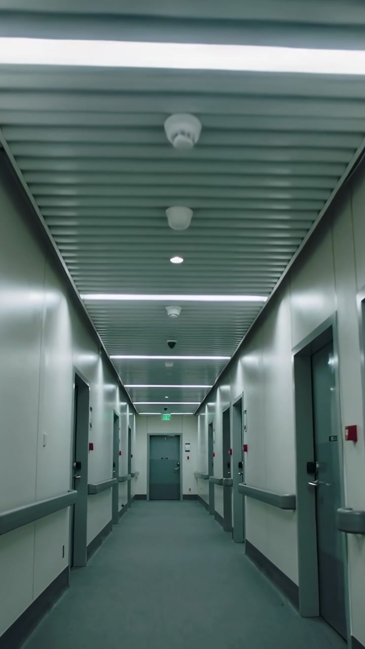 Vertical video: Recording after operator stepping, moving down ward corridor documenting handrails