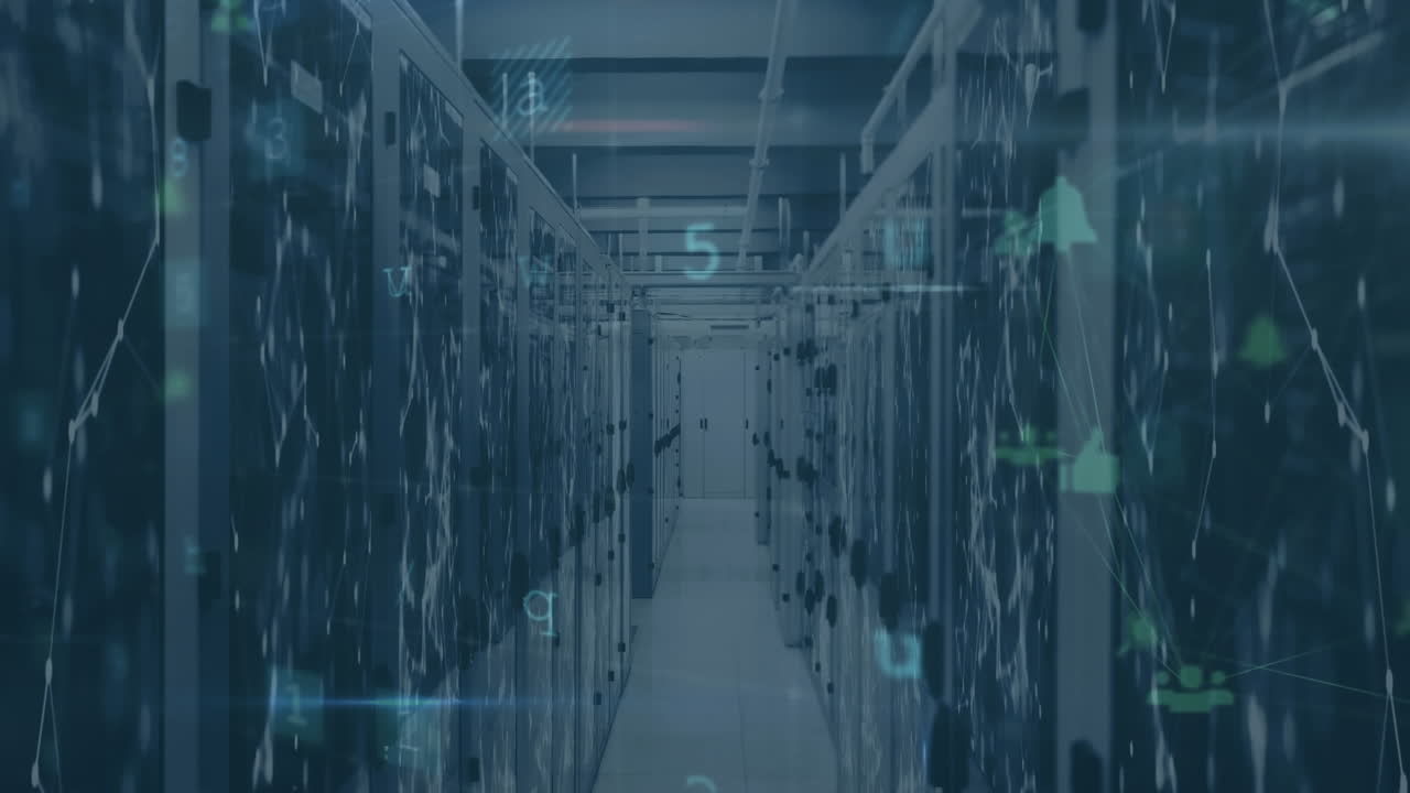 animación de textos, letras, números y símbolos sobre puntos conectados en la sala del servidor