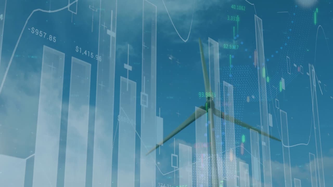 블루 배경에 풍력 터빈에 대한 통계 및 데이터 처리의 애니메이션