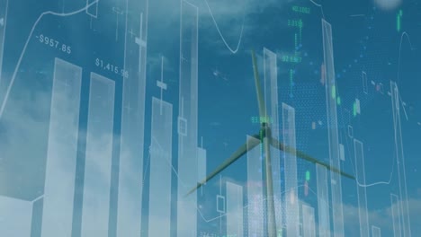 animación de estadísticas y procesamiento de datos sobre la turbina eólica sobre fondo azul