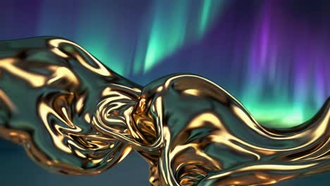 abstract gold liquid form with aurora borealis background