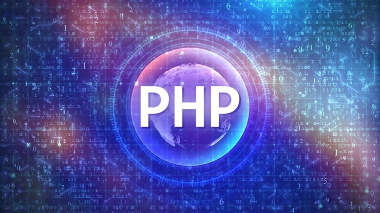 PHP-koncept på futuristisk cyberspace-baggrund med HUD, tal og globus