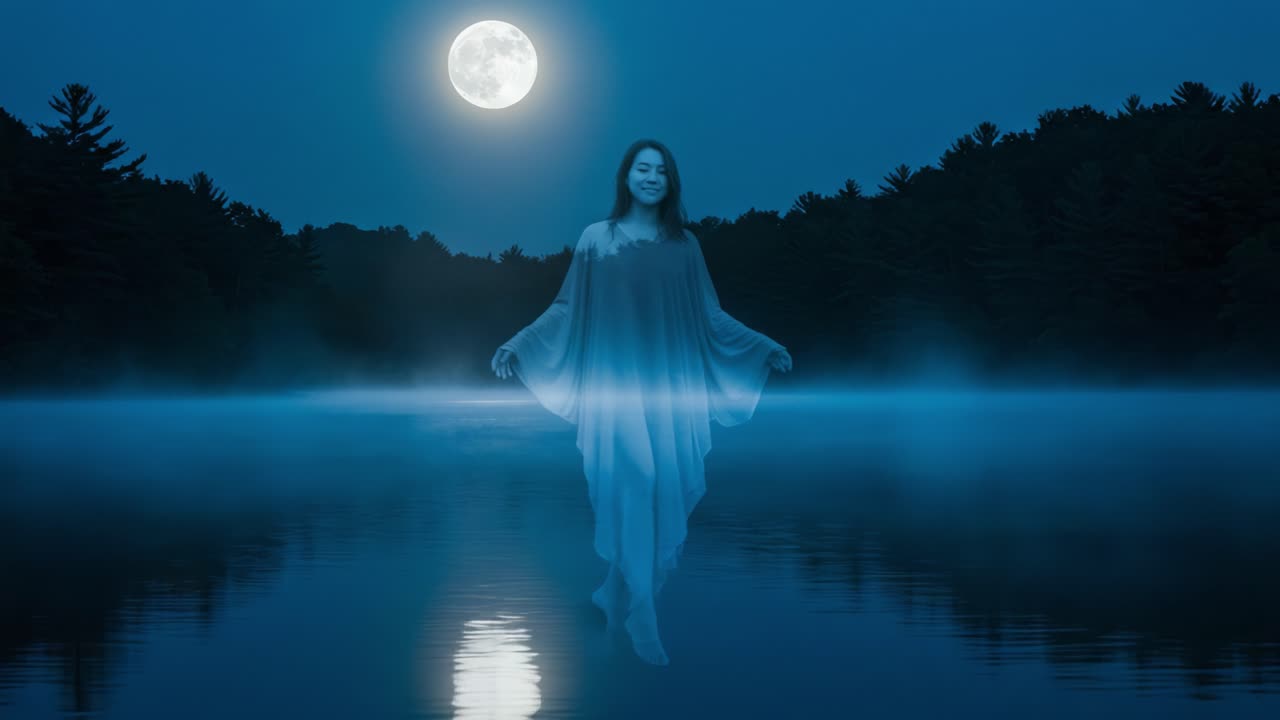 Ethereal Woman Gliding Over Calm Waters Under a Bright Full Moon, Surrounded by Mist and Lush Forest, Creating a Mystical Atmosphere at Night