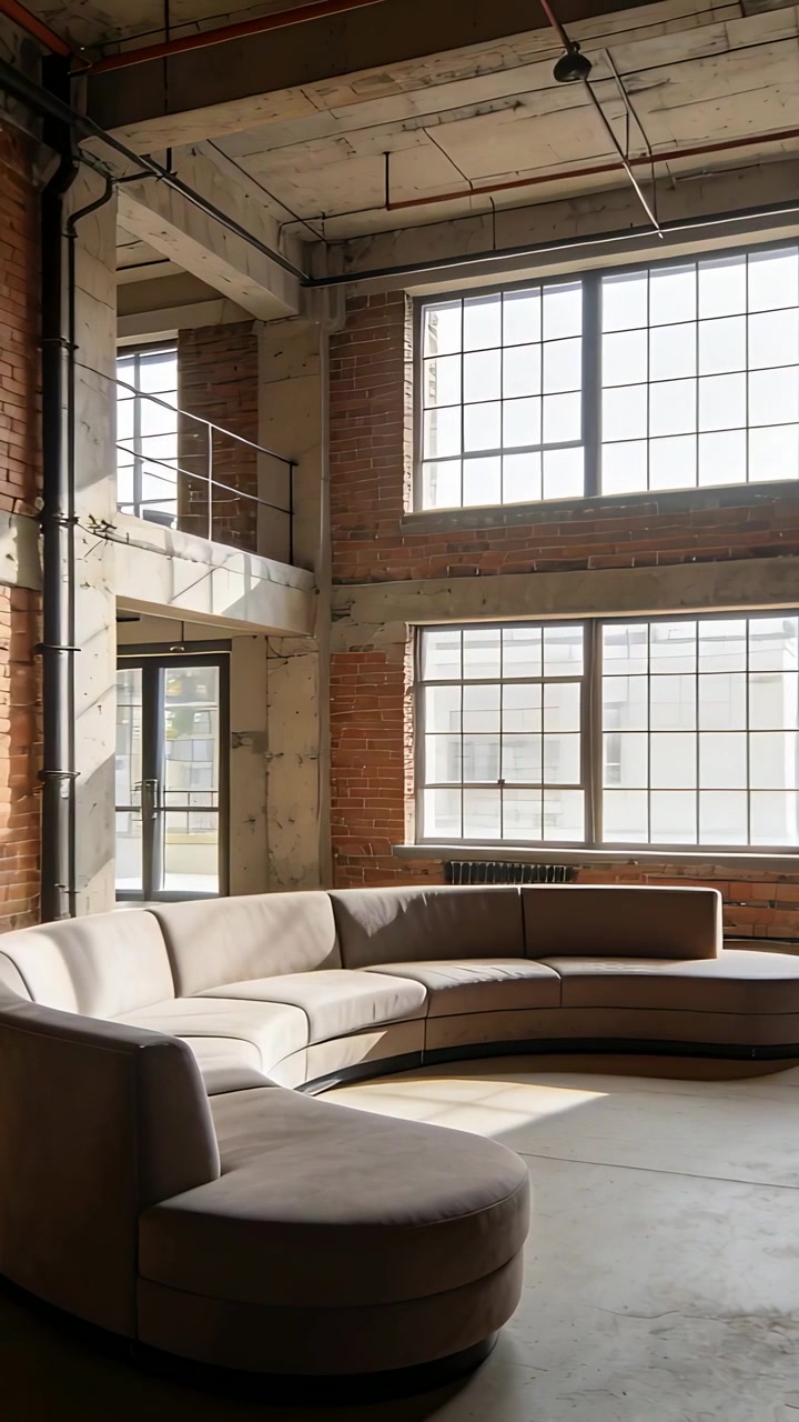 Vertical video: Sunlight streaming through windows moving shadows across curved sofa in open loft