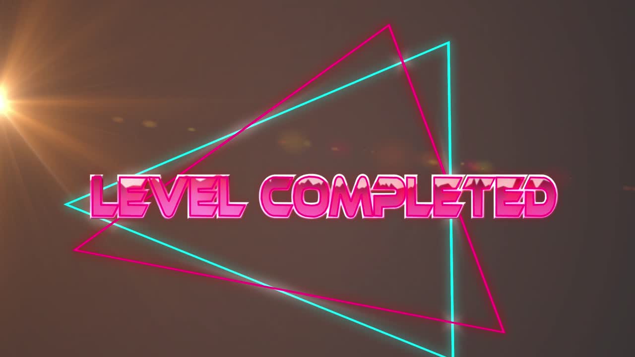 회색 배경에 오렌지색 빛의 반점에 대한 수준 완료 텍스트 배너의 애니메이션