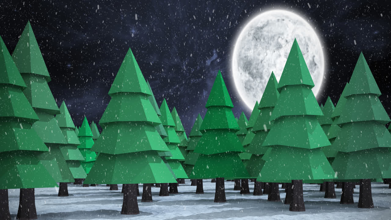 Animation of snow falling over winter night landscape with fir trees