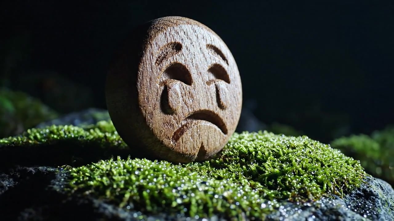 Et kunstnerisk træ-emotionssymbol afspejler sorg på en mosbegroet stenbase i blød belysning, hvilket fremkalder dybe følelser og en forbindelse til naturens skønhed.