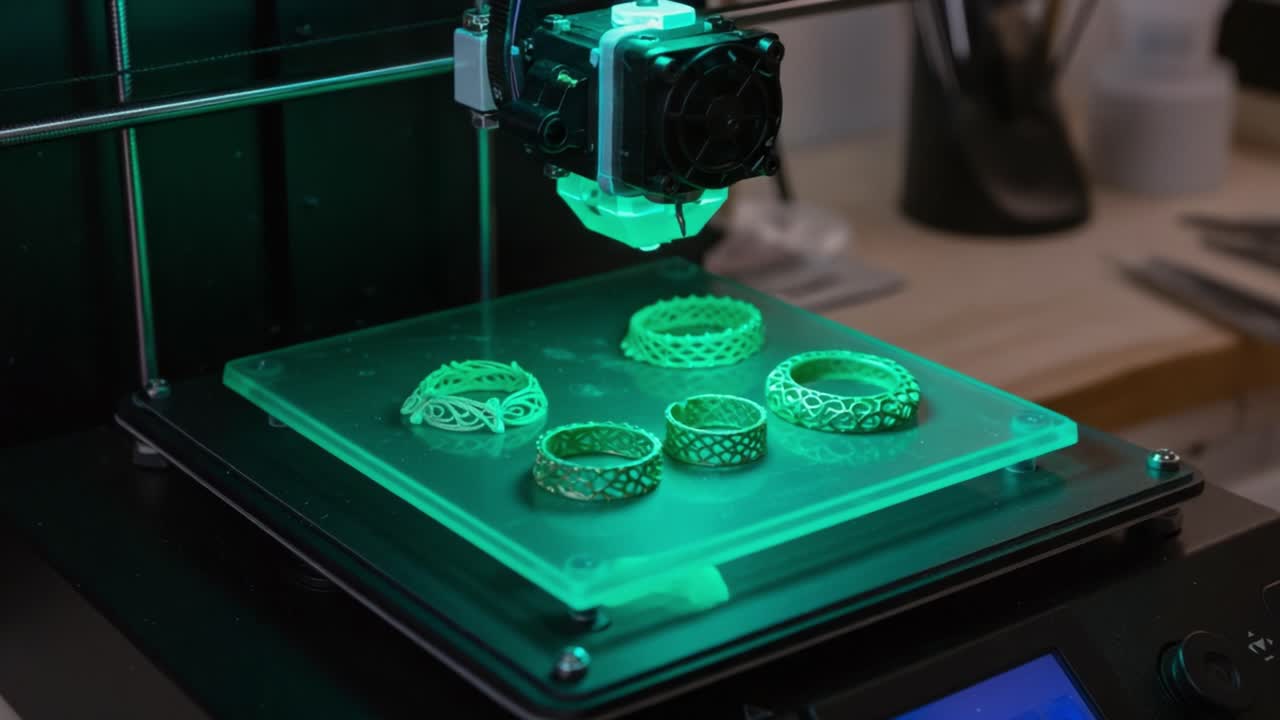 Intricate Rings Under Development: A Modern 3D Printer Crafting Unique Jewelry Designs with Precision and Artistry in a Well-Equipped Workshop Environment