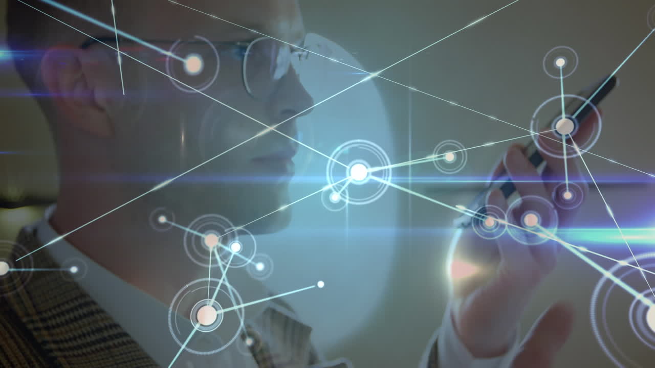 animación de la red de conexiones sobre empresario caucásico hablando en teléfono inteligente en el avión