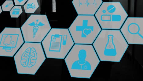 animation of hexagon shapes with medical icons moving over man walking in hospital corridor