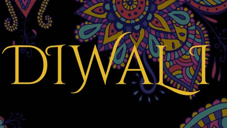 animation of happy diwali text and colourful shapes on black background